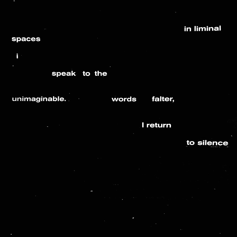 erasure poem: In liminal spaces/ I speak to the unimaginable./ Words falter,/ I return to silence