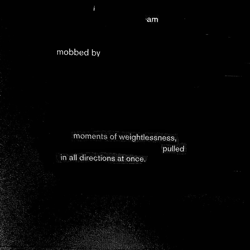 erasure poem: I am mobbed by/moments of weightlessness/ pulled in all directions at once