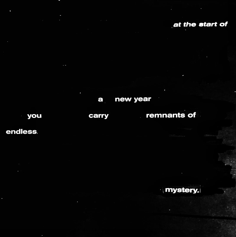 erasure poem: at the start of a new year/ you carry remnants/of endless mystery