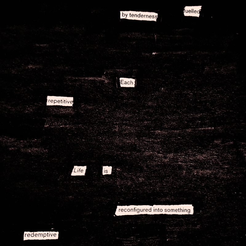 erasure poem: Fuelled by tenderness/ each repetitive life/ is reconfigured/ into something redemptive