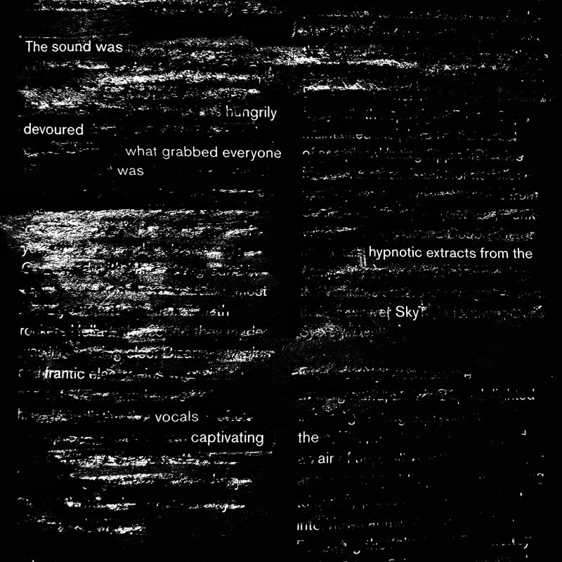erasure poem: The sound was hungrily devoured./ What grabbed everyone was/ hypnotic extracts from the sky,/ frantic vocals captivating the air