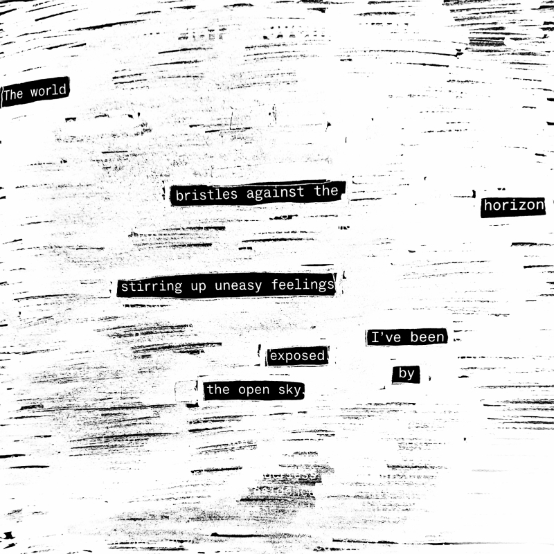 erasure poem: The world bristles against the horizon/ stirring up uneasy feelings/ I've been exposed by the open sky